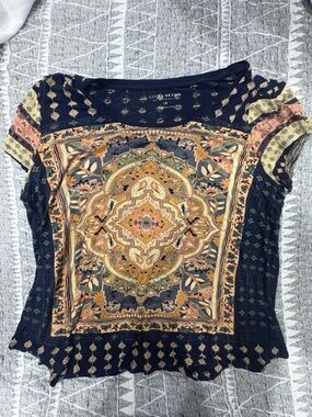 Lucky Brand Navy Black & Mustard Medallion Short Sleeve Top